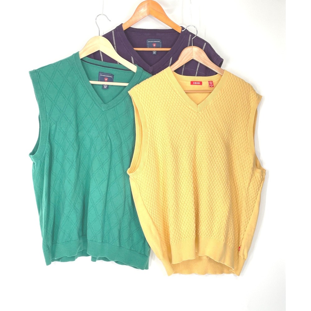 Saddlebred IZOD Mens Sweater Vest Lot of 3 XXL‎ V-Neck Multi Color Textures